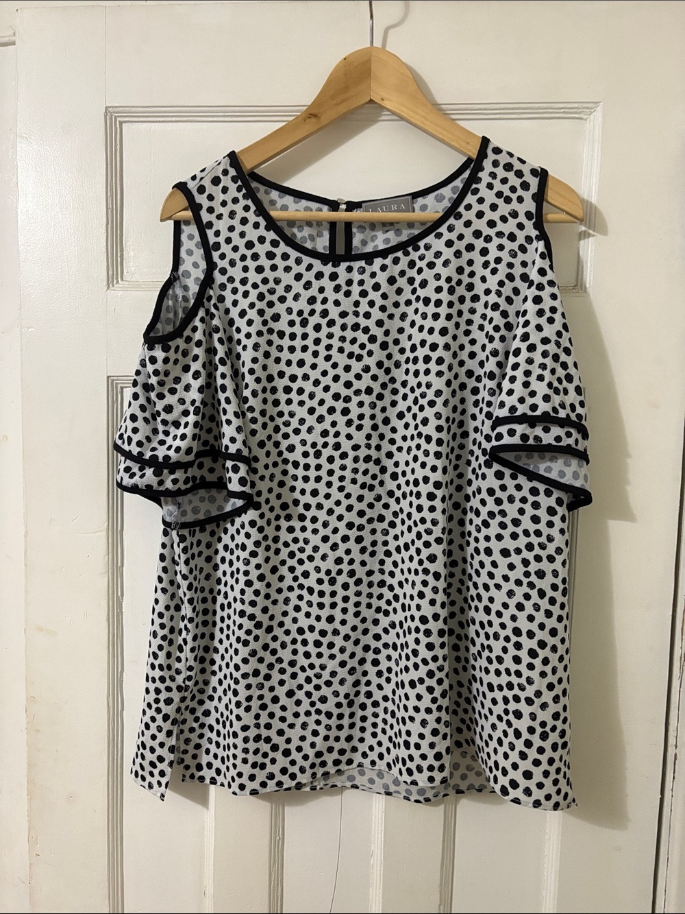 Aura Black & White Polka Dot Cold-Shoulder Blouse